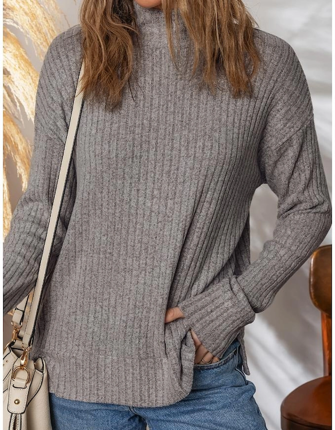 Gray Morn Ribbed High Neck Knitted Pullover Top