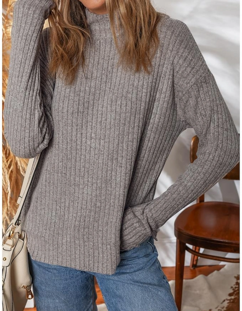 Gray Morn Ribbed High Neck Knitted Pullover Top