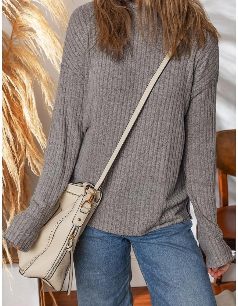 Gray Morn Ribbed High Neck Knitted Pullover Top