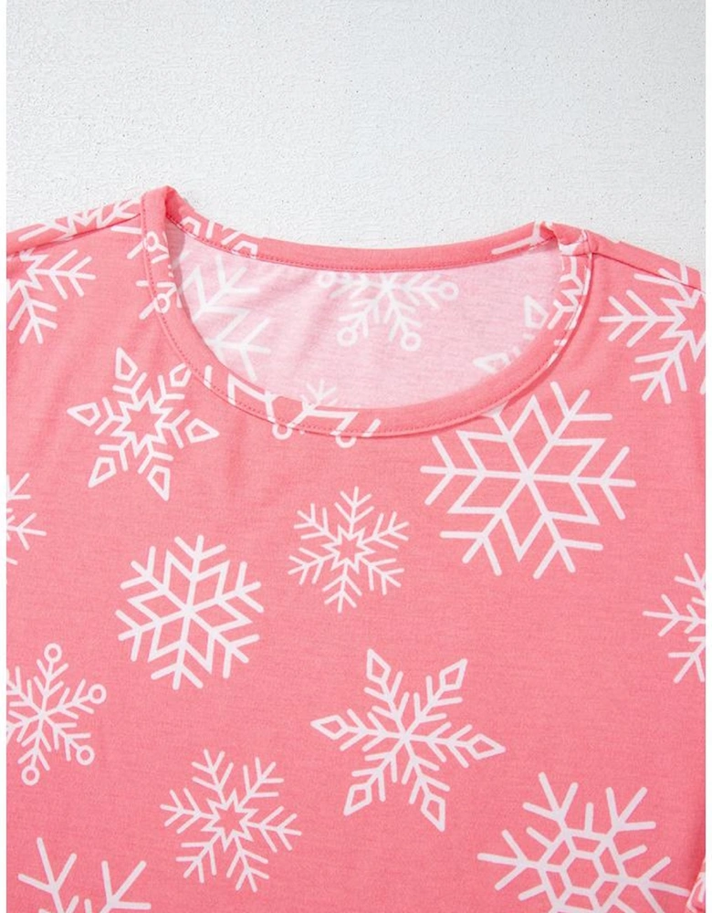 Pink Christmas Snowflake Print Two Piece Loungewear