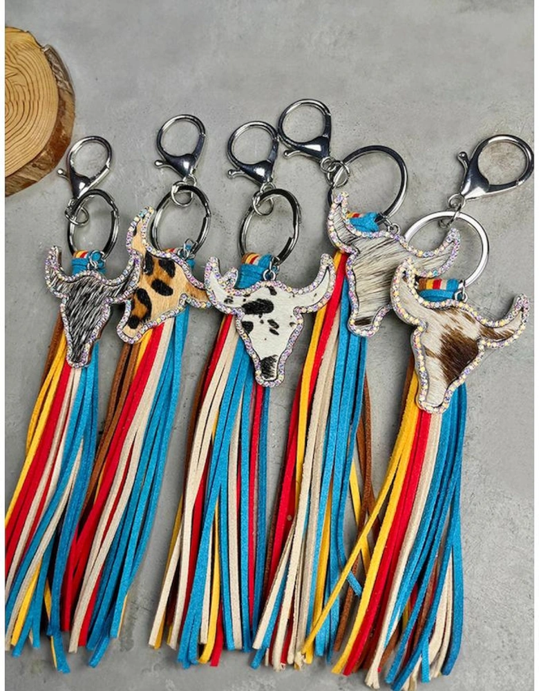 Philippine Gray Rhinestone Steer Head Colorful Tassel Key Ring