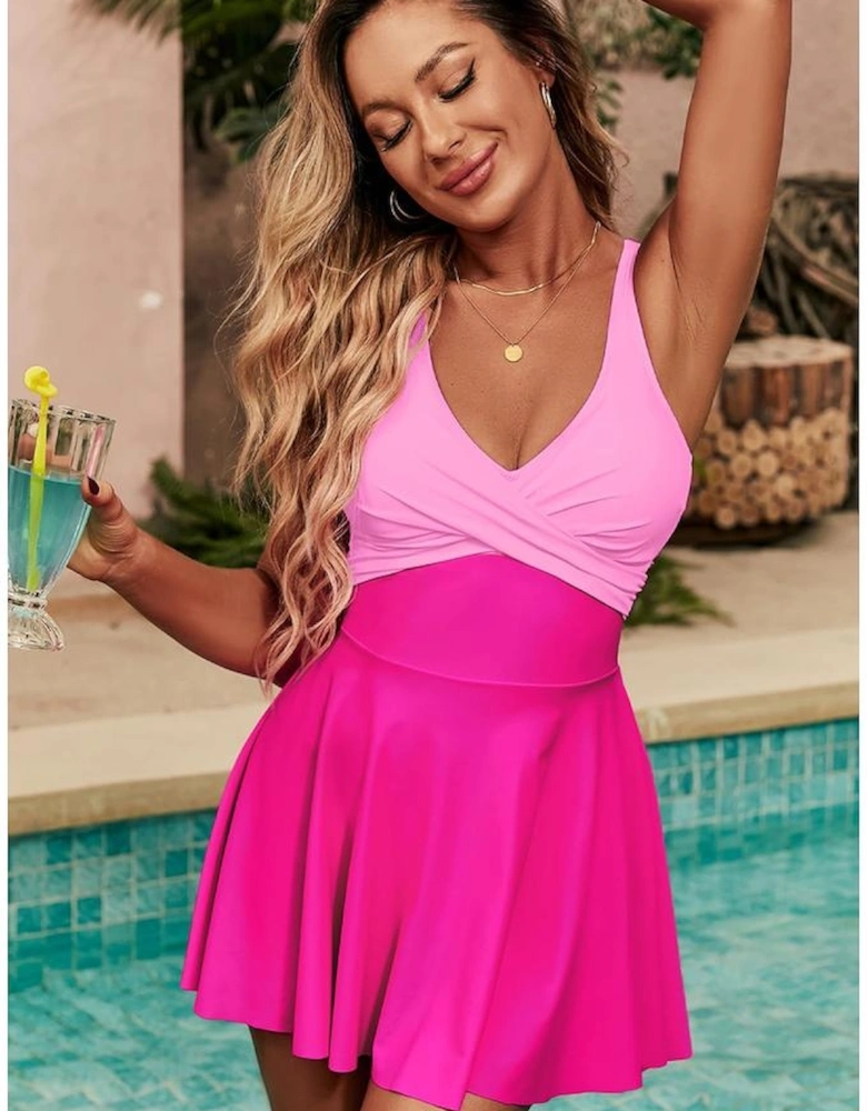 Rose Red Crisscross Straps Tie Back Flared One Piece Swimsuit