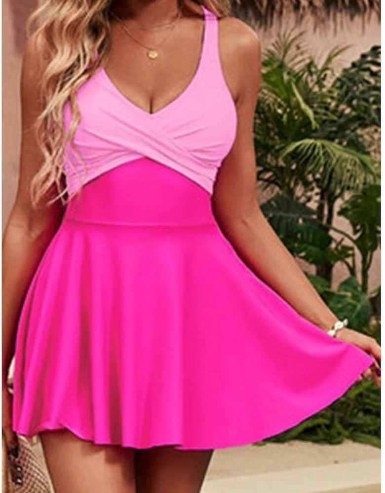 Rose Red Crisscross Straps Tie Back Flared One Piece Swimsuit