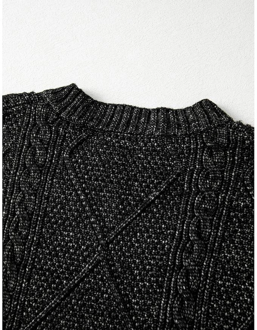Black Cable Knit Drop Shoulder Loose Fit Sweater Dress, 16 of 15