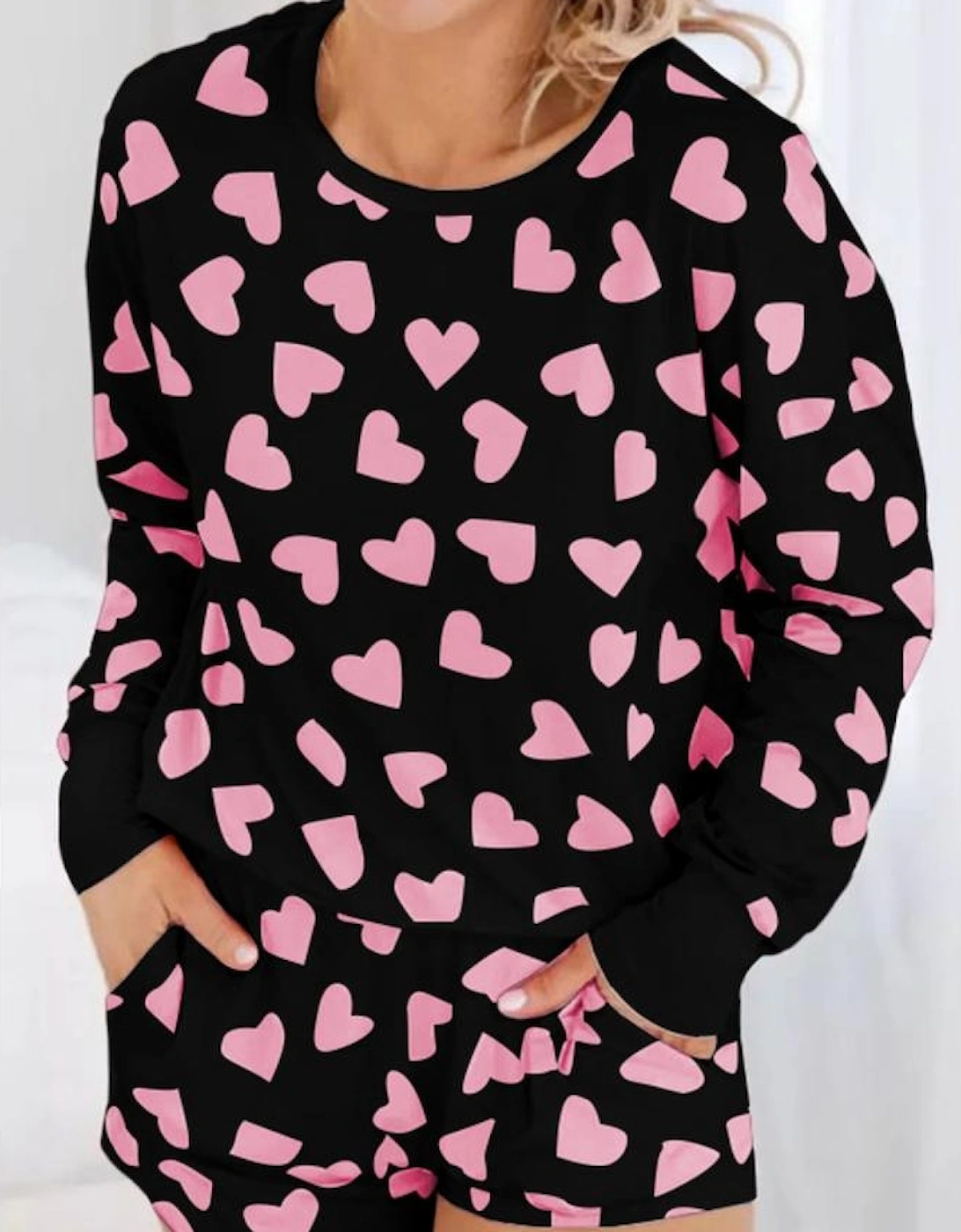 Black Valentine Heart Shape Print Long Sleeve Top Shorts Lounge Set, 7 of 6