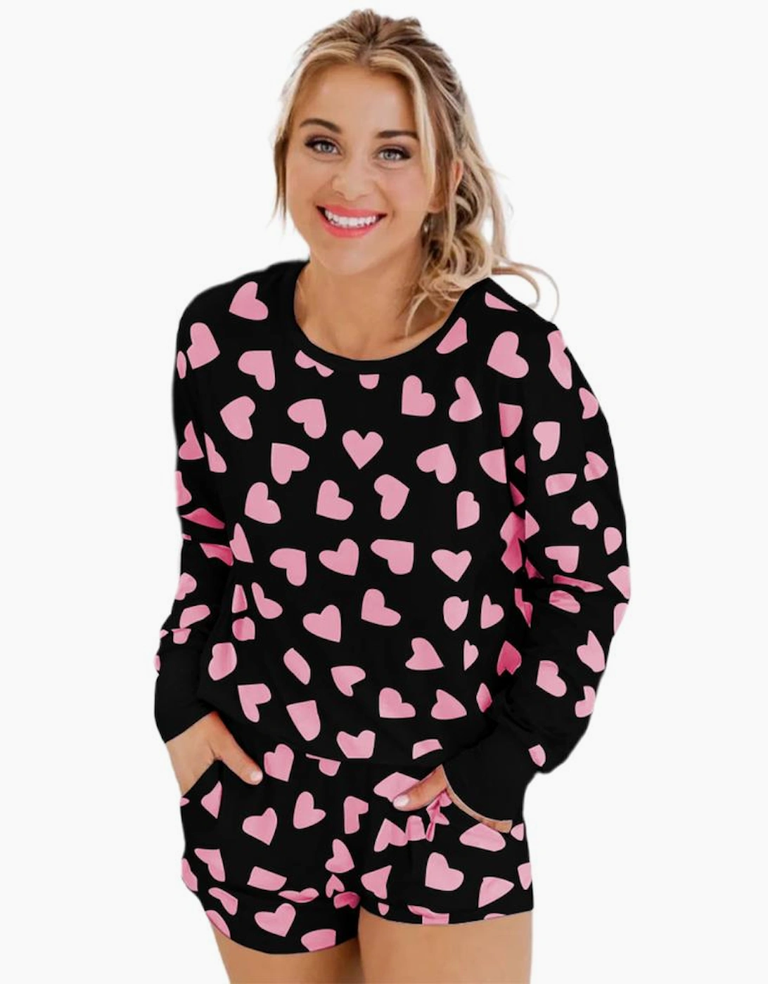 Black Valentine Heart Shape Print Long Sleeve Top Shorts Lounge Set