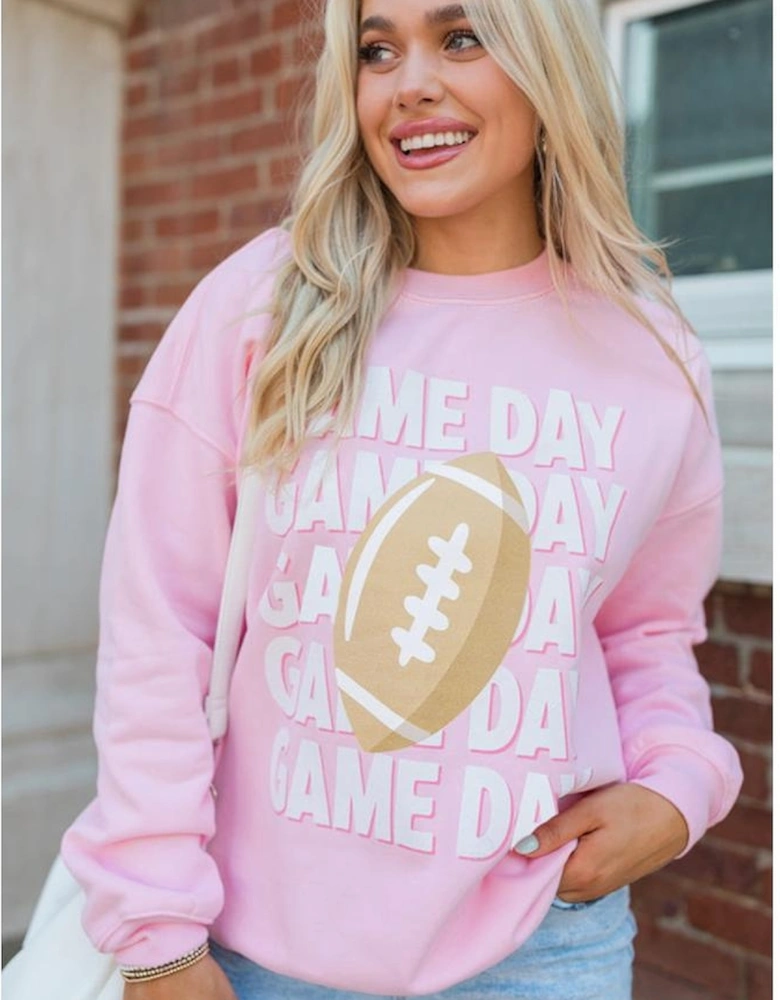 Pink GAME DAY Football Rugby Print Casual Sweatshirt