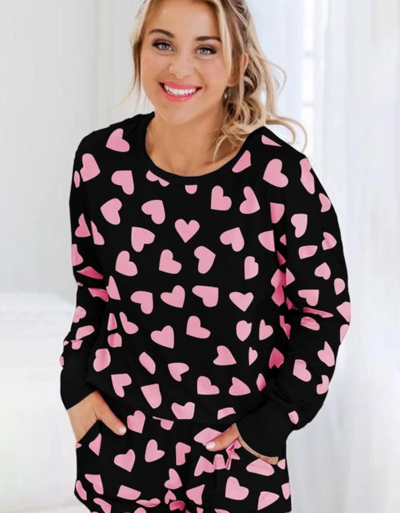 Black Valentine Heart Shape Print Long Sleeve Top Shorts Lounge Set