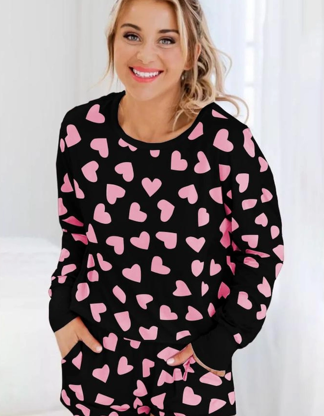 Black Valentine Heart Shape Print Long Sleeve Top Shorts Lounge Set