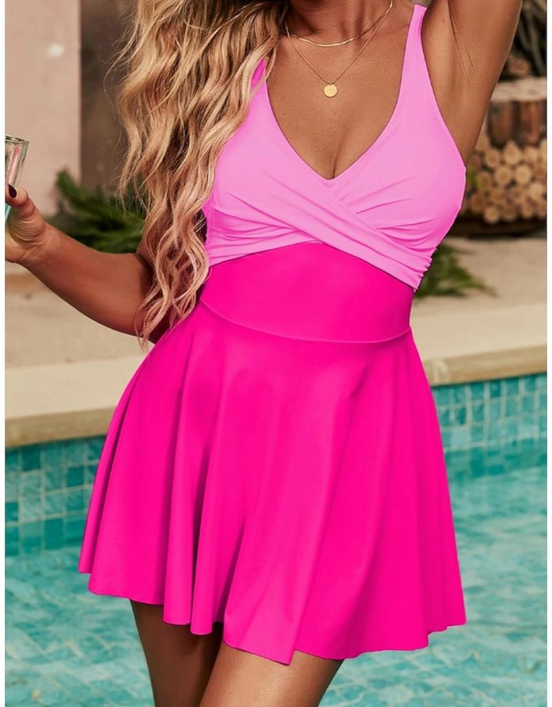 Rose Red Crisscross Straps Tie Back Flared One Piece Swimsuit