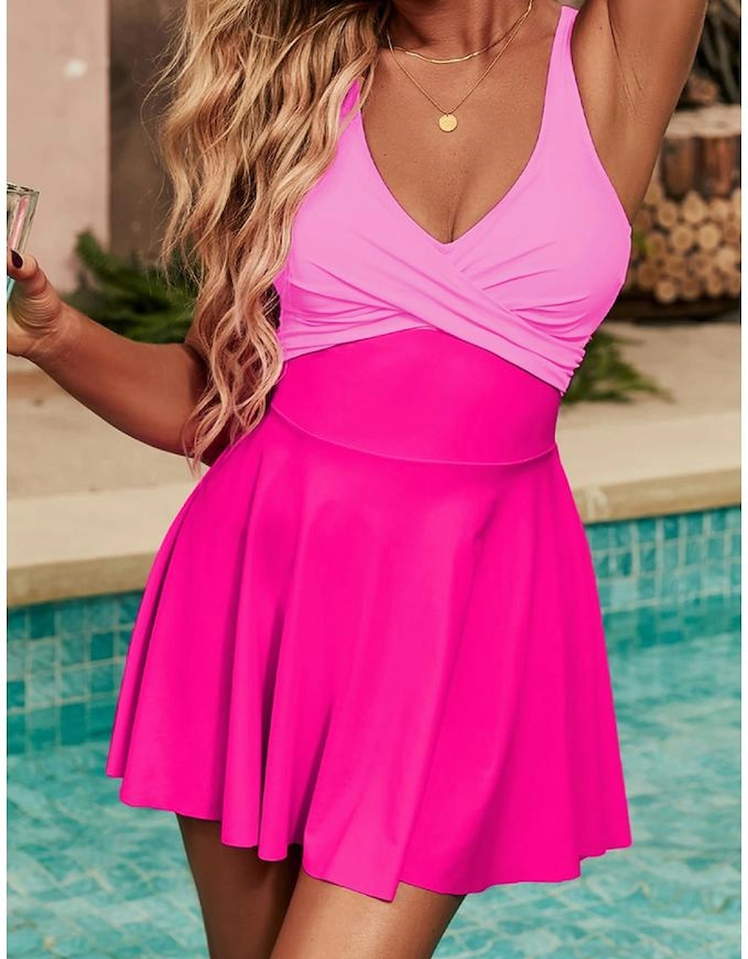 Rose Red Crisscross Straps Tie Back Flared One Piece Swimsuit