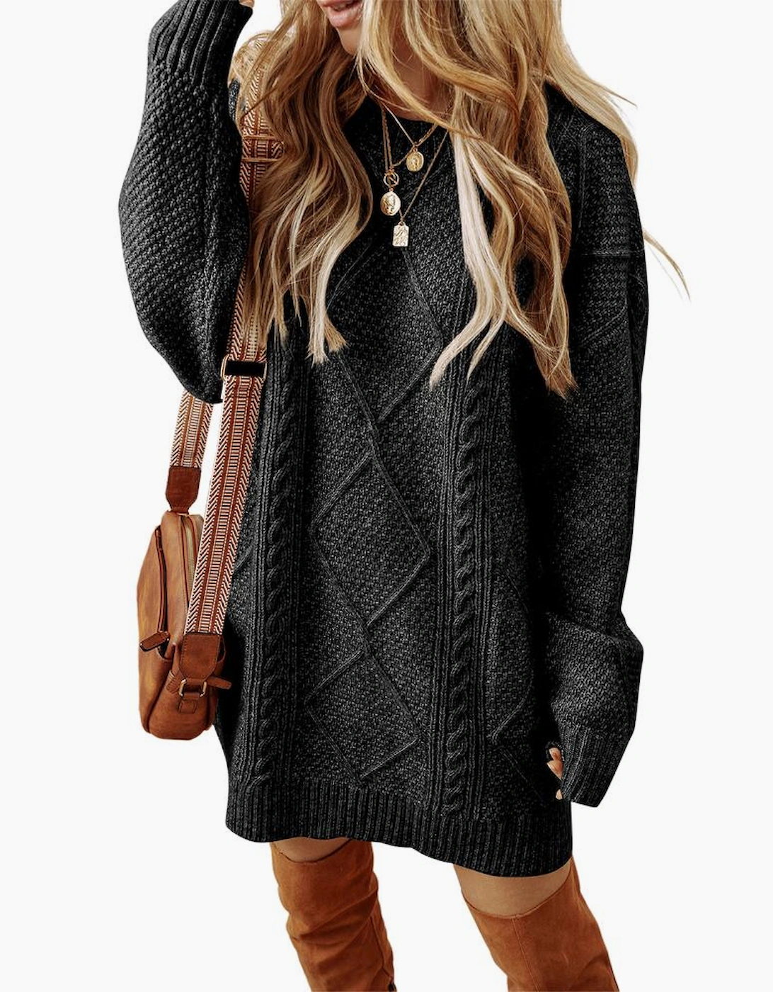 Black Cable Knit Drop Shoulder Loose Fit Sweater Dress