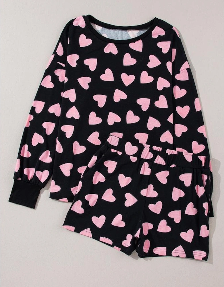Black Valentine Heart Shape Print Long Sleeve Top Shorts Lounge Set