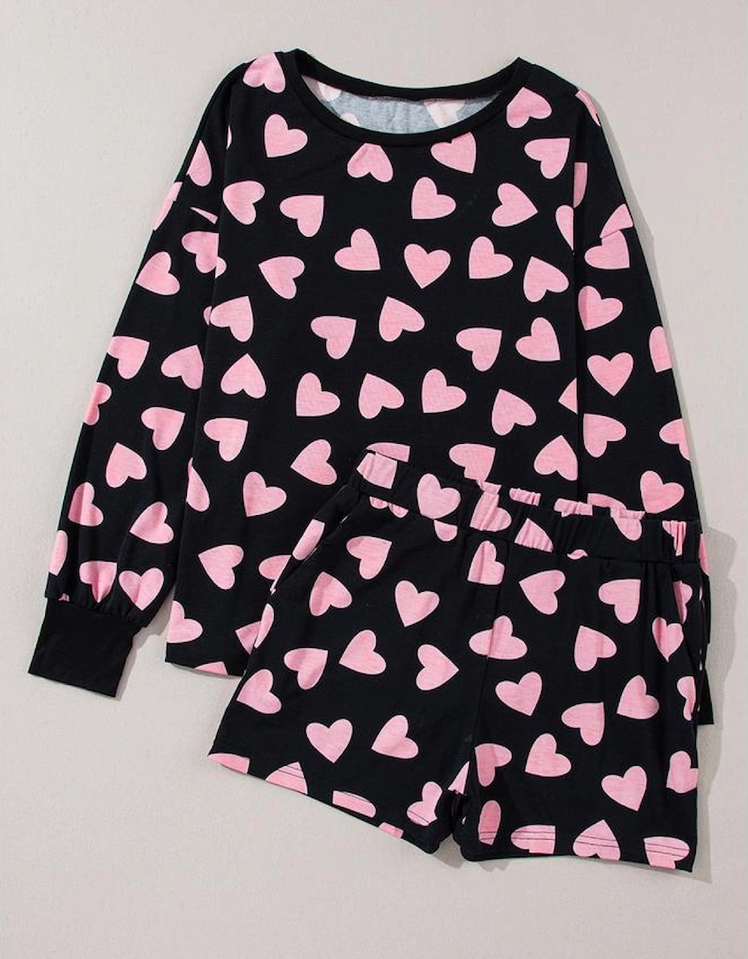 Black Valentine Heart Shape Print Long Sleeve Top Shorts Lounge Set