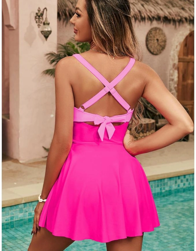 Rose Red Crisscross Straps Tie Back Flared One Piece Swimsuit