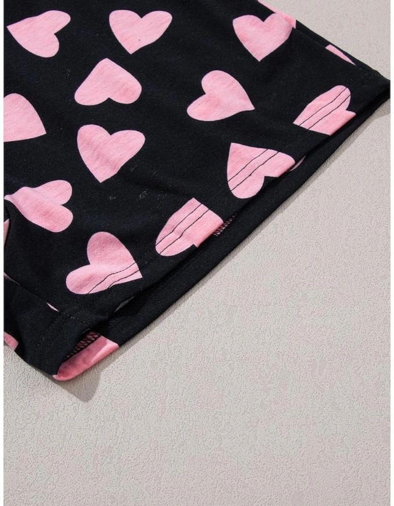 Black Valentine Heart Shape Print Long Sleeve Top Shorts Lounge Set