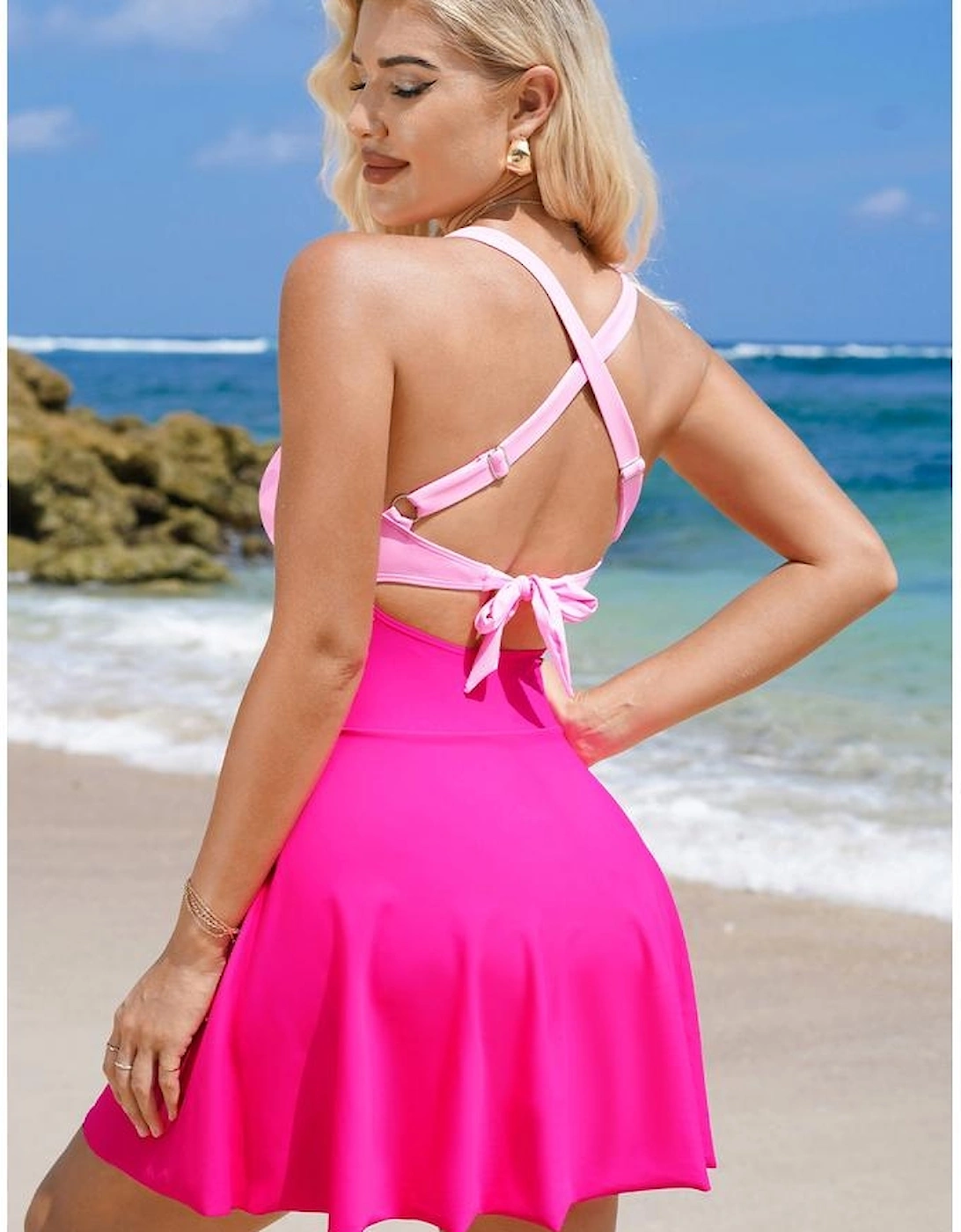 Rose Red Crisscross Straps Tie Back Flared One Piece Swimsuit