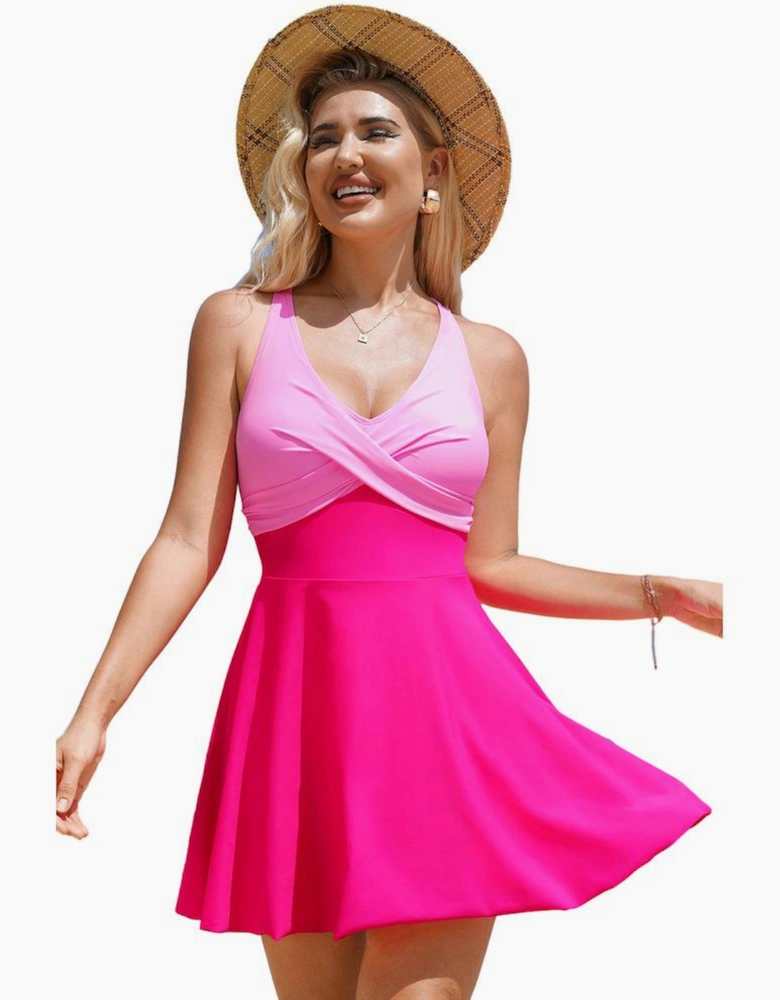 Rose Red Crisscross Straps Tie Back Flared One Piece Swimsuit