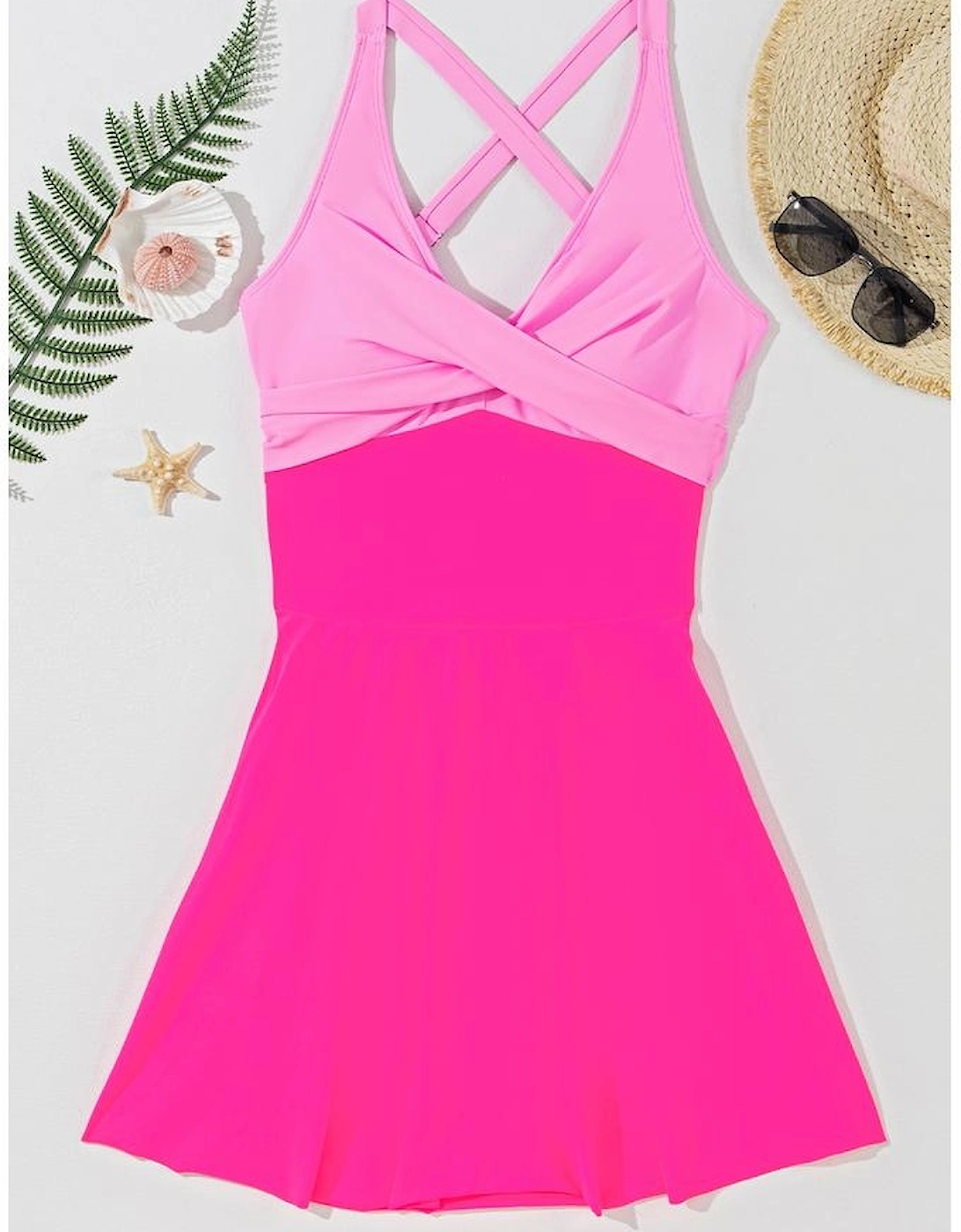 Rose Red Crisscross Straps Tie Back Flared One Piece Swimsuit