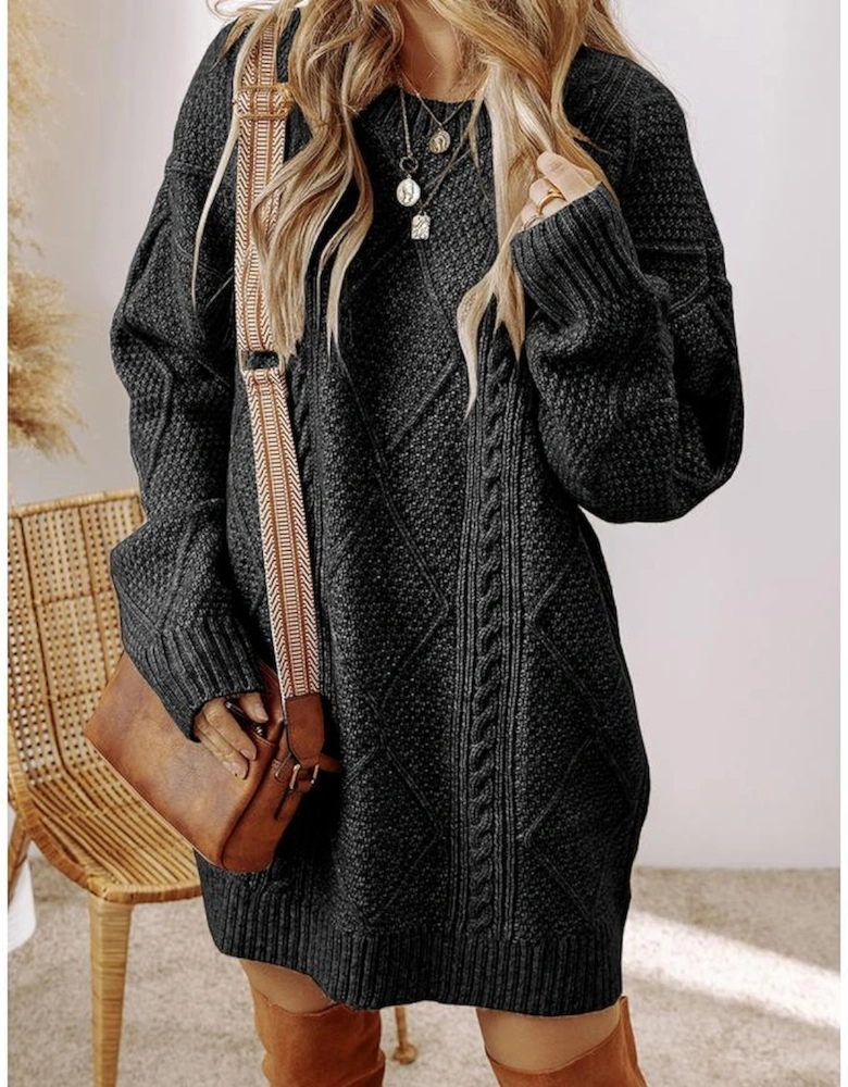 Black Cable Knit Drop Shoulder Loose Fit Sweater Dress