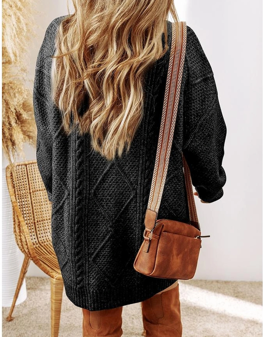 Black Cable Knit Drop Shoulder Loose Fit Sweater Dress
