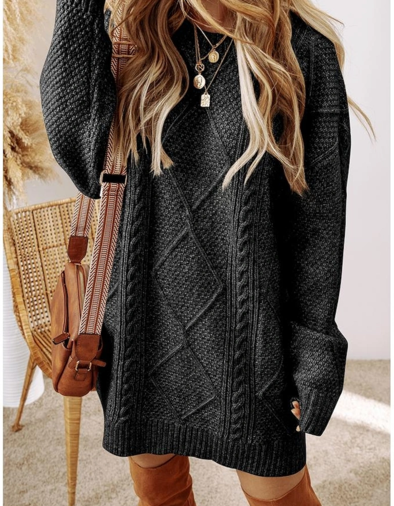 Black Cable Knit Drop Shoulder Loose Fit Sweater Dress