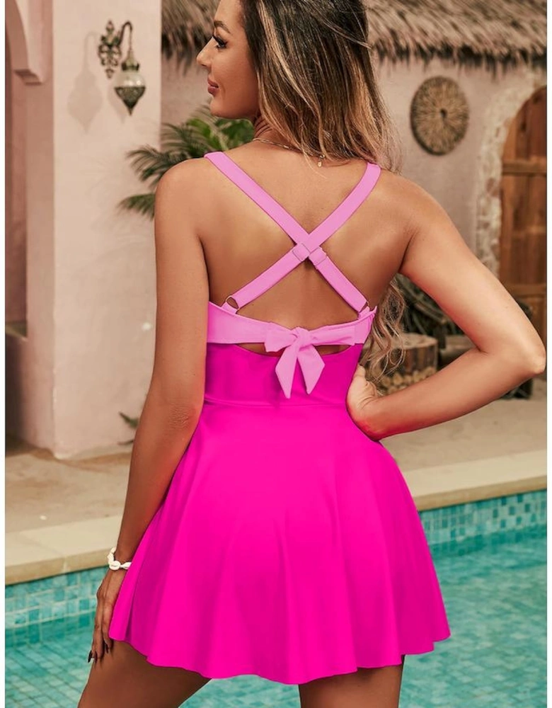 Rose Red Crisscross Straps Tie Back Flared One Piece Swimsuit