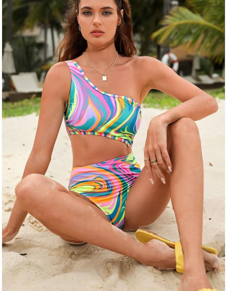 Multicolor Abstract Swirl Print Asymmetric Cutout One Piece Swimsuit