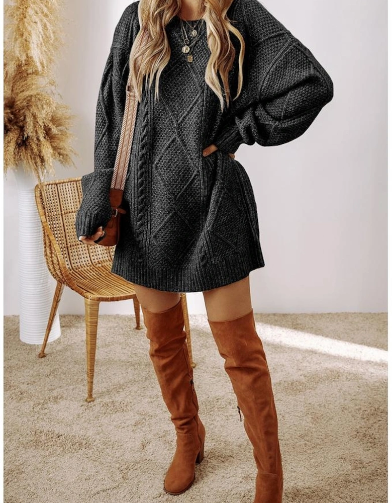 Black Cable Knit Drop Shoulder Loose Fit Sweater Dress