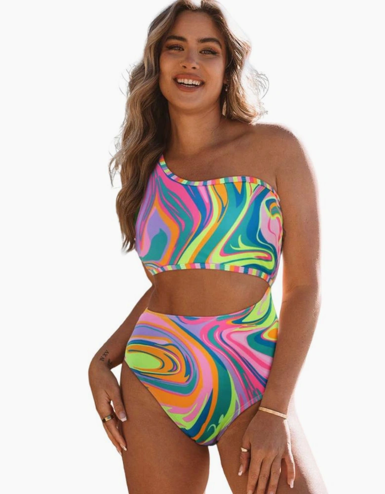 Multicolor Abstract Swirl Print Asymmetric Cutout One Piece Swimsuit