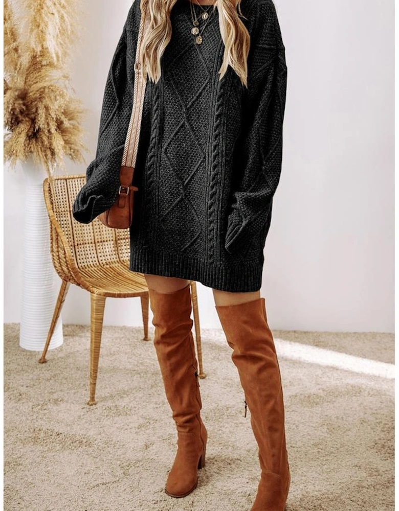 Black Cable Knit Drop Shoulder Loose Fit Sweater Dress