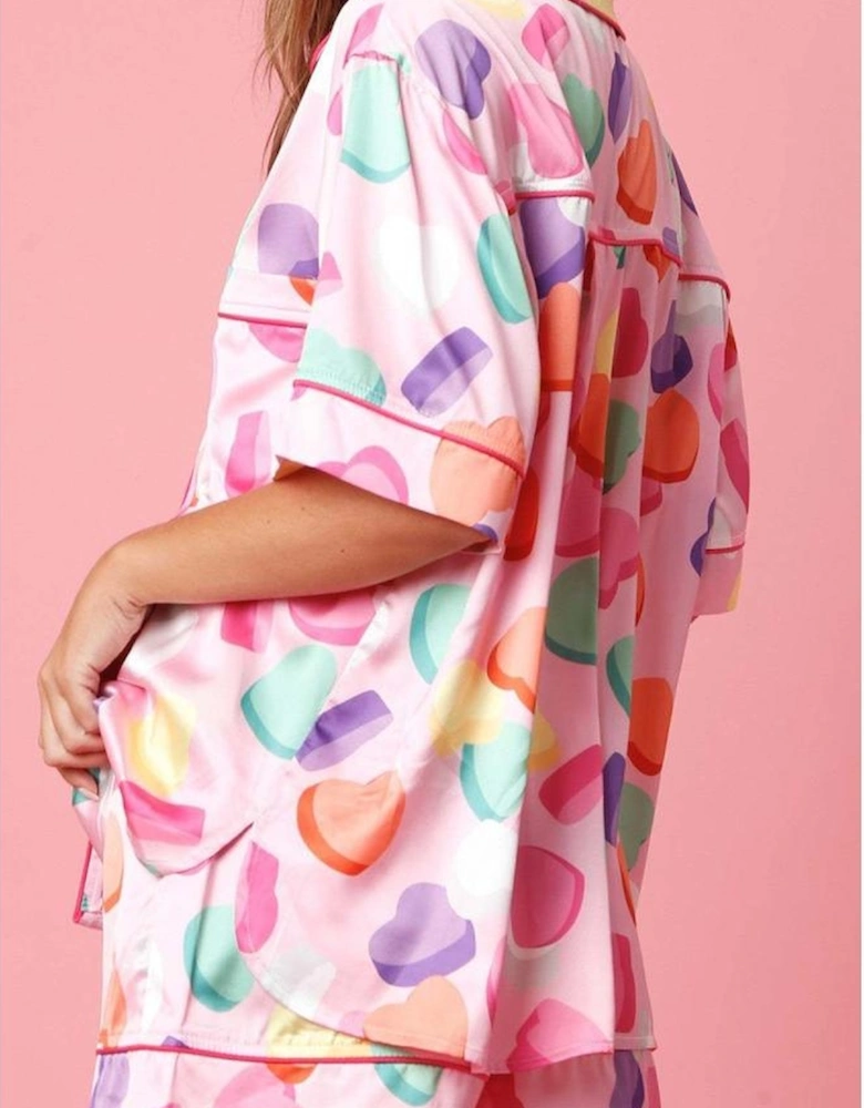Pink Full Pattern Shirt and Shorts Satin Pajama Set