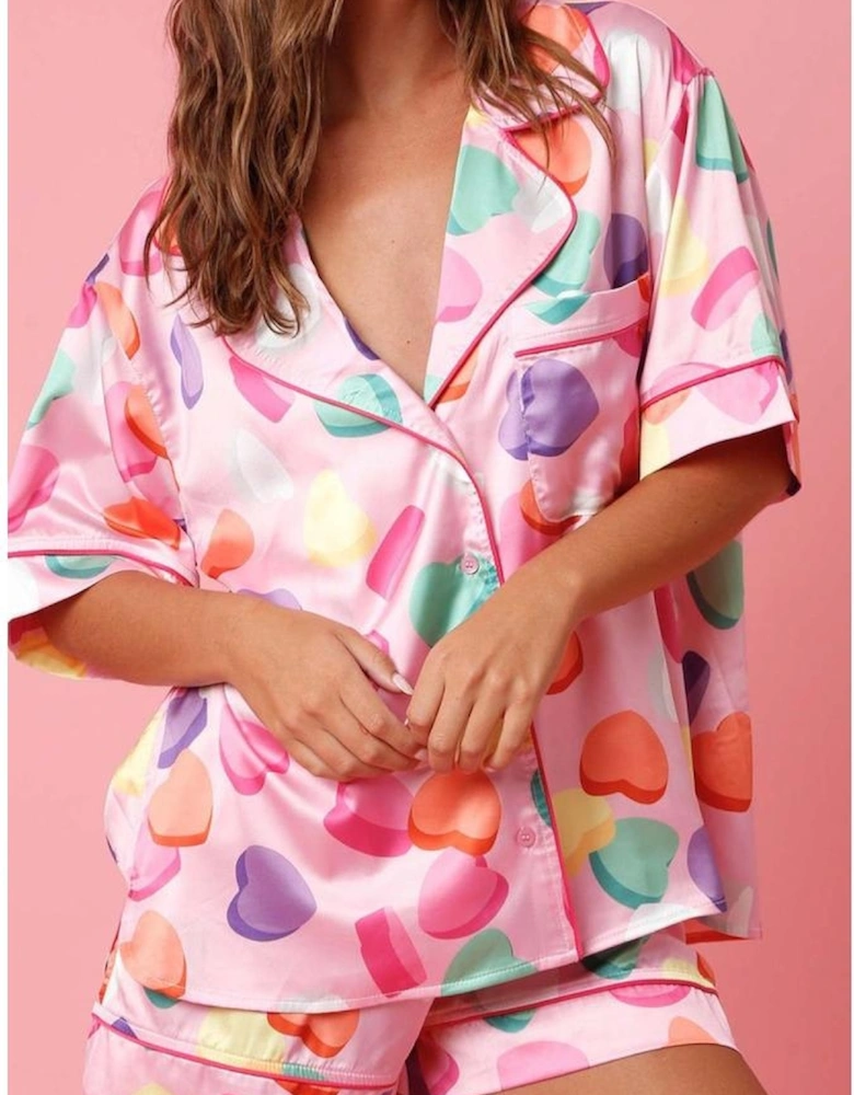 Pink Full Pattern Shirt and Shorts Satin Pajama Set