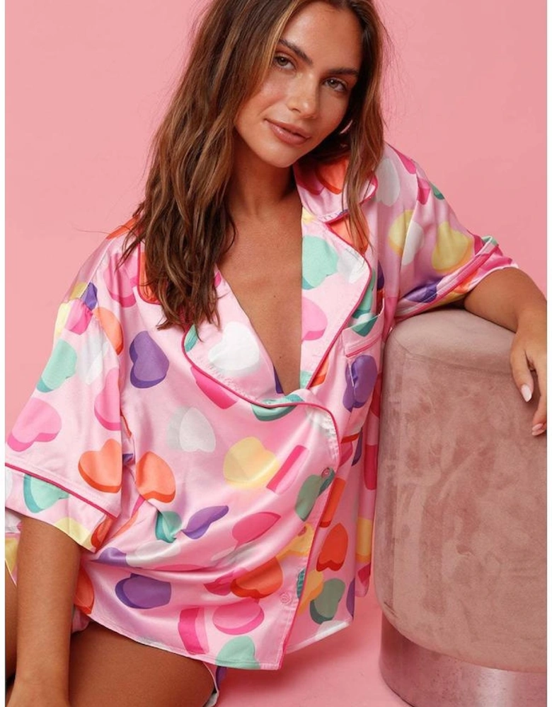 Pink Full Pattern Shirt and Shorts Satin Pajama Set