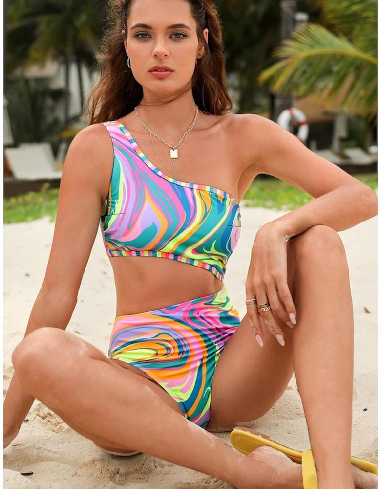 Multicolor Abstract Swirl Print Asymmetric Cutout One Piece Swimsuit