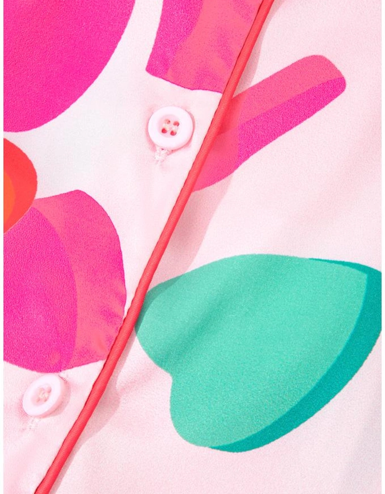 Pink Full Pattern Shirt and Shorts Satin Pajama Set