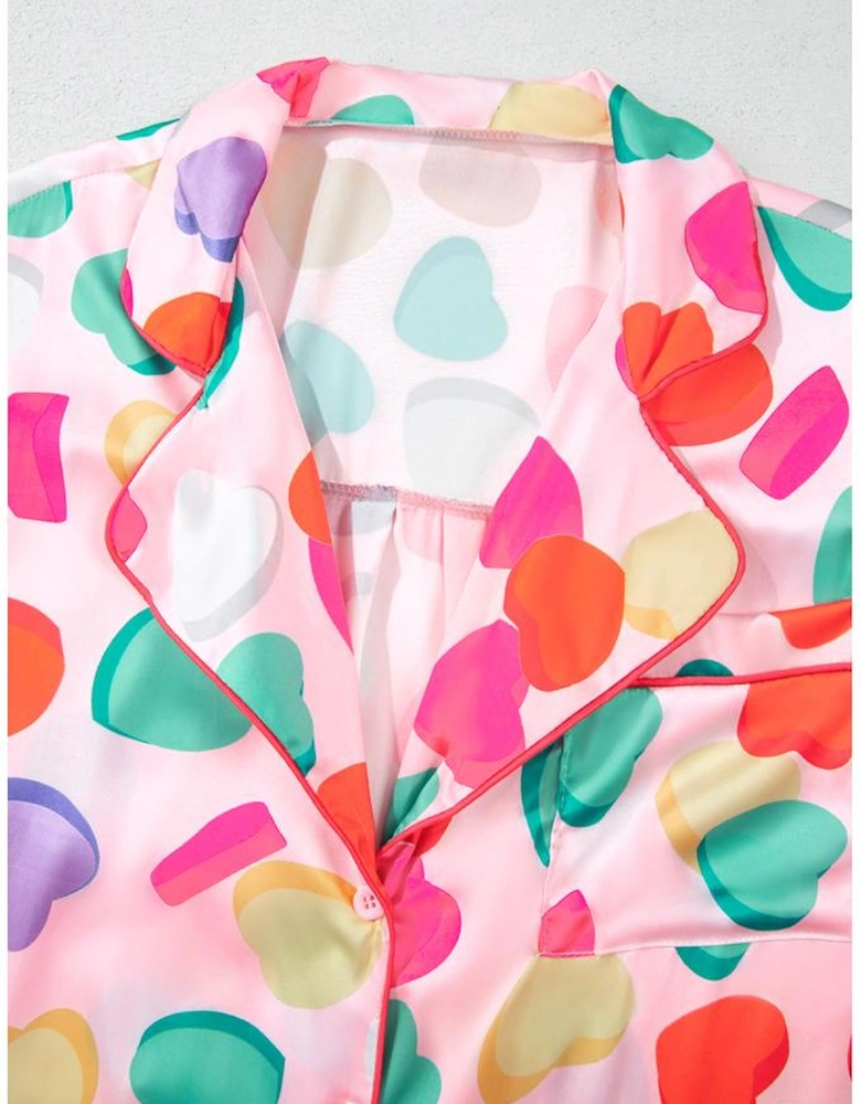 Pink Full Pattern Shirt and Shorts Satin Pajama Set