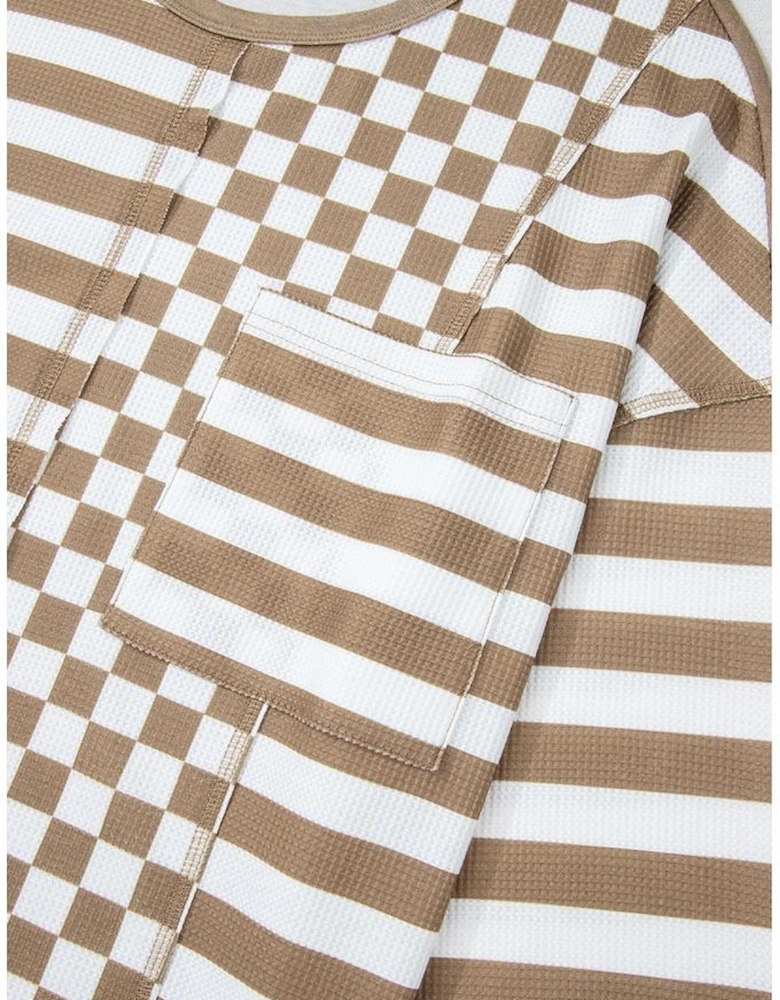 Khaki Checkerboard Striped Patchwork Lantern Sleeve Pocketed Blouse