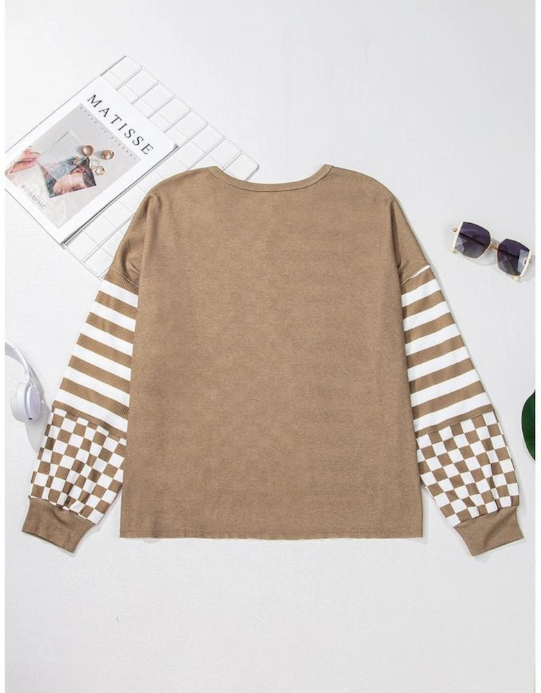 Khaki Checkerboard Striped Patchwork Lantern Sleeve Pocketed Blouse