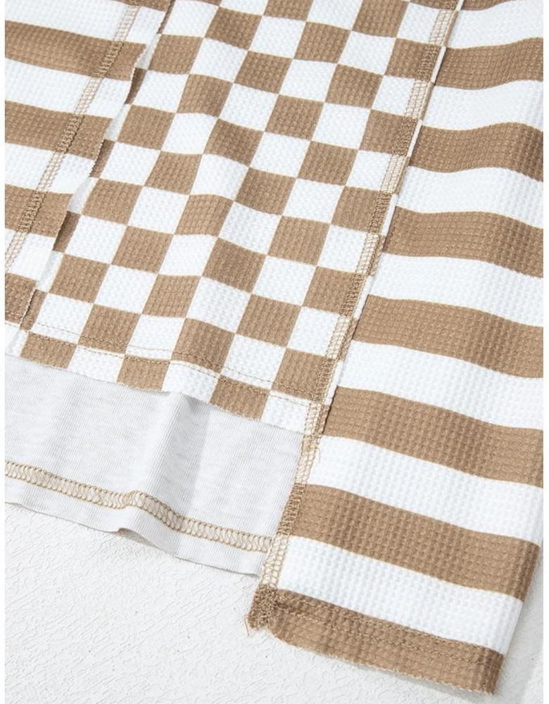 Khaki Checkerboard Striped Patchwork Lantern Sleeve Pocketed Blouse