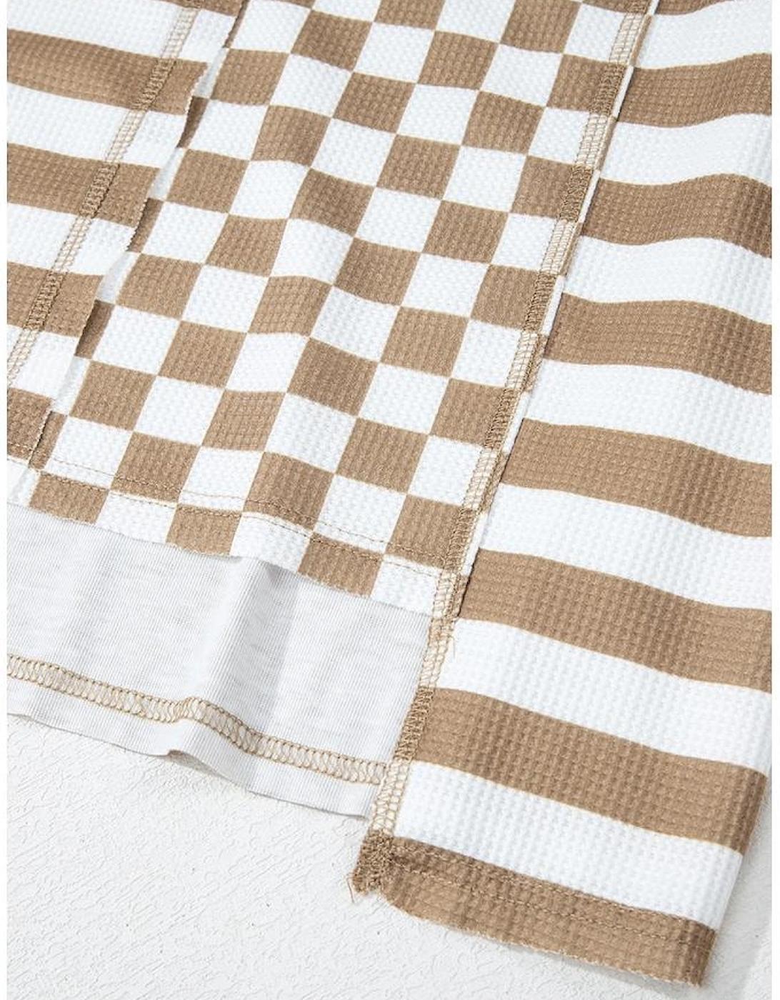 Khaki Checkerboard Striped Patchwork Lantern Sleeve Pocketed Blouse