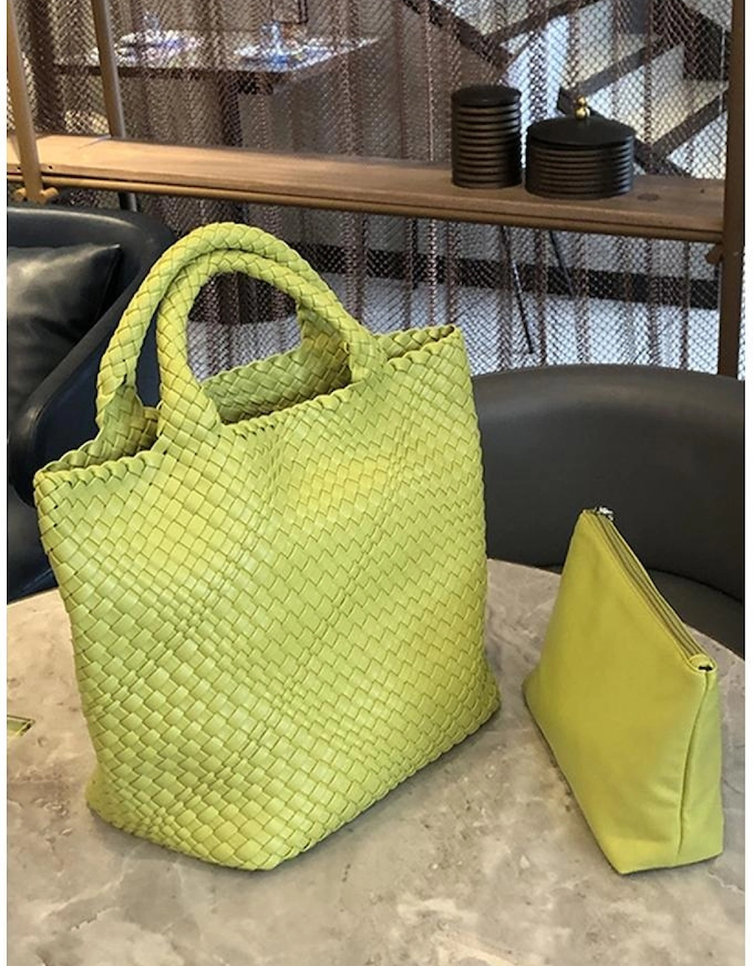 Pear Green Woven Hand Bag with Pouch