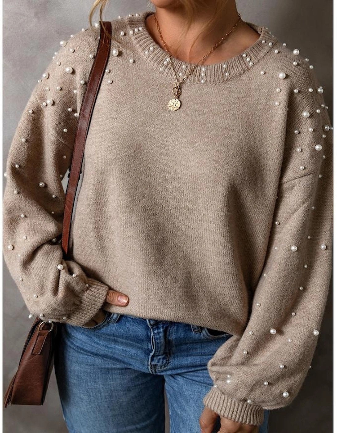Smoke Gray Pearled Drop Shoulder Plus Size Sweater