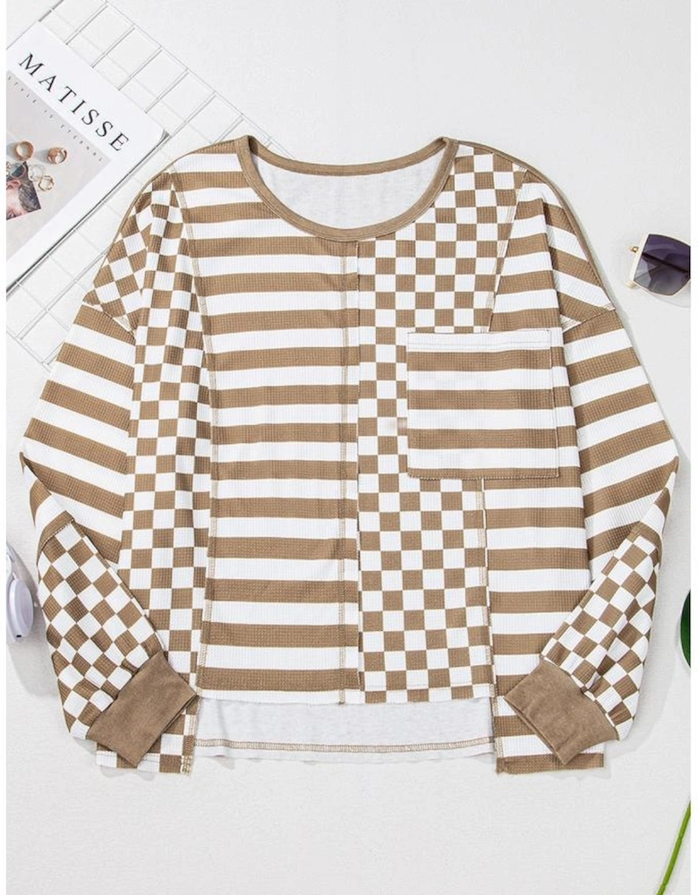 Khaki Checkerboard Striped Patchwork Lantern Sleeve Pocketed Blouse