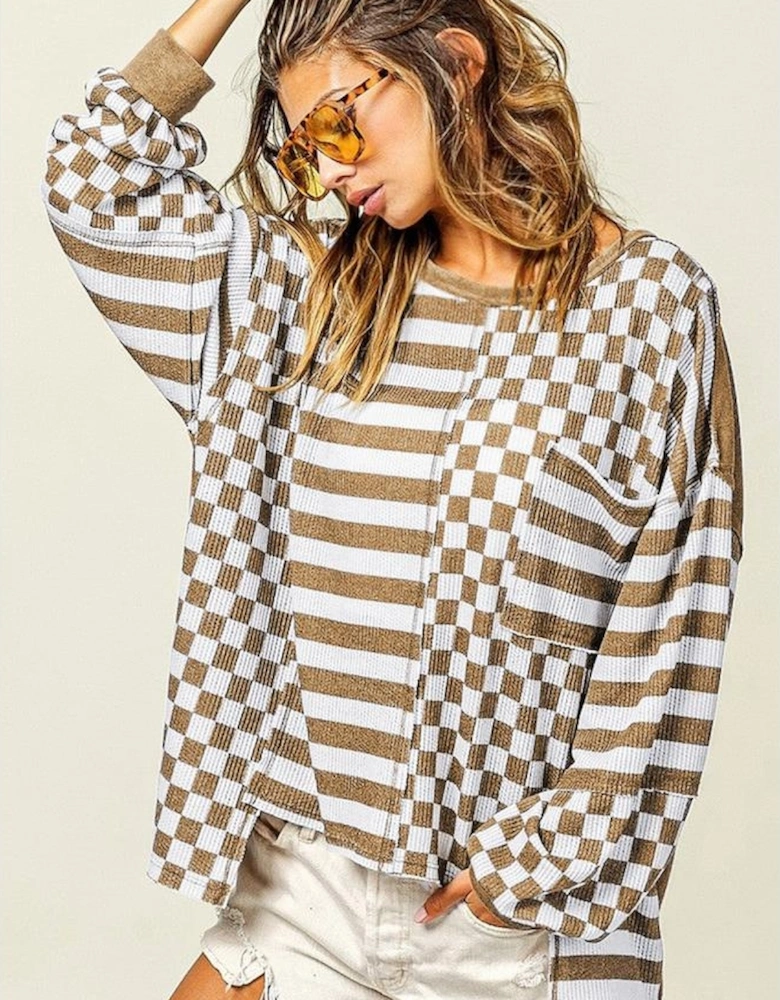 Khaki Checkerboard Striped Patchwork Lantern Sleeve Pocketed Blouse