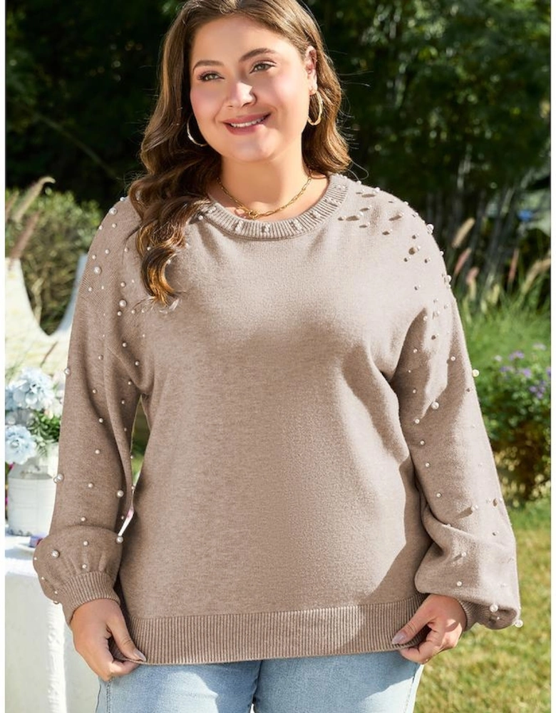 Smoke Gray Pearled Drop Shoulder Plus Size Sweater