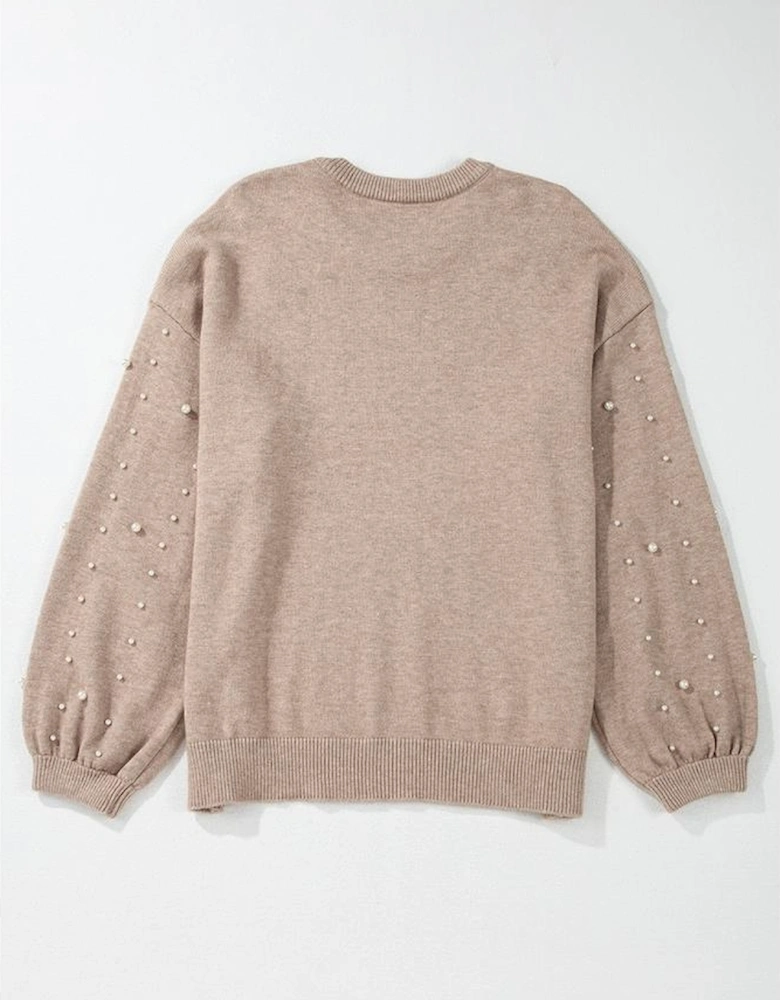 Smoke Gray Pearled Drop Shoulder Plus Size Sweater