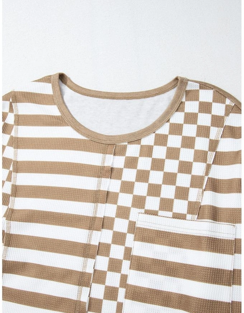 Khaki Checkerboard Striped Patchwork Lantern Sleeve Pocketed Blouse