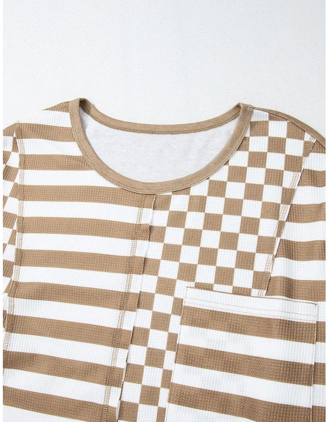 Khaki Checkerboard Striped Patchwork Lantern Sleeve Pocketed Blouse