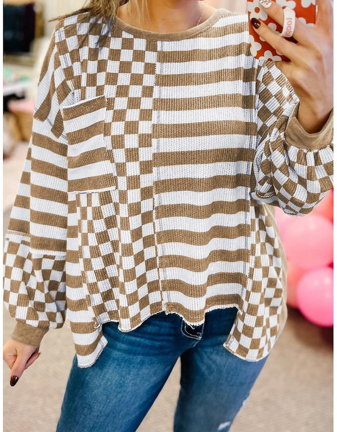 Khaki Checkerboard Striped Patchwork Lantern Sleeve Pocketed Blouse